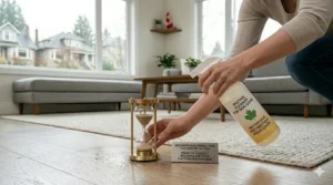 Illustration showing the 10-minute dwell time needed for enzyme cleaners to fully neutralize pet odors.