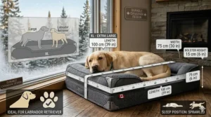 A size comparison chart showing an extra-large dog bed for a Labrador Retriever with dimensions in both centimeters and inches.
