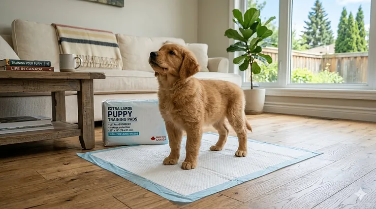 A Golden Retriever puppy on an extra large puppy training pad in a cozy Canadian living room with a striped blanket. Tapis de propreté extra-large pour chiots. extra large puppy training pads
