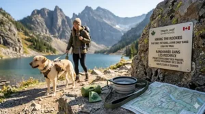 Essential hiking gear for Canadian trails including a leash, water bowl, and a roll of biodegradable dog poop bags.