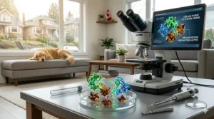 Close-up illustration of bio-enzymatic action breaking down urea and uric acid crystals in dog urine.