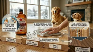 Step-by-step graphic showing the application of a safe cleaner on a hardwood surface to prevent warping.