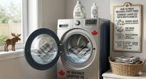 A simple guide showing a Canadian high-efficiency washing machine cleaning reusable puppy pads.