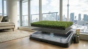 A technical diagram showing the antimicrobial synthetic grass, drainage grate, and collection tray of a premium indoor dog potty.