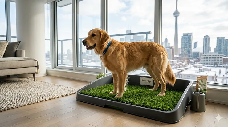 A Golden Retriever using an indoor dog potty with grass in a high-rise Vancouver apartment, providing a convenient bathroom solution for Canadian winter weather.