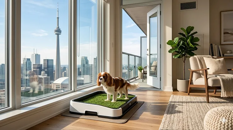 A King Charles Cavalier Spaniel standing on an indoor grass potty tray in a modern, light-filled Toronto condo living room, featuring a clear view of the CN Tower and the city skyline through the window.