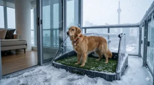 Illustration of a dog using an indoor dog potty with grass while it snows outside a Montreal window, highlighting year-round convenience.