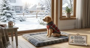 Illustration of a puppy using a washable pad indoors during a snowy Canadian winter day in Montreal.