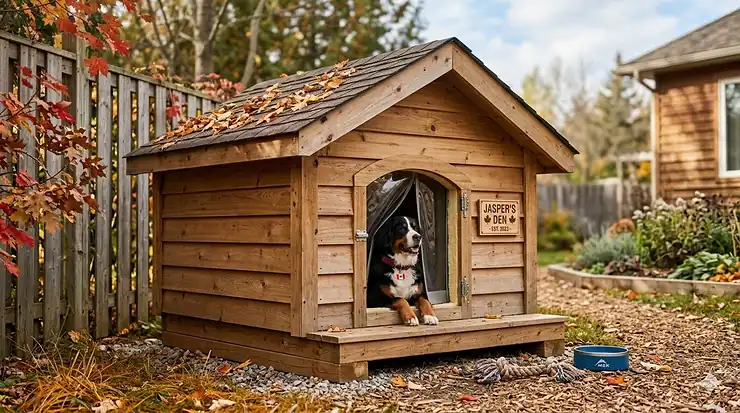 A durable, insulated wooden dog house with a weather-resistant roof, perfect for Canadian winters and outdoor backyard use.