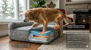 An aging dog experiencing joint relief and comfort on a supportive, affordable orthopedic pet mattress with callouts for pressure point relief.
