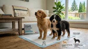 Size comparison chart showing an extra large puppy training pad fitting a Golden Retriever and a Bernese Mountain Dog puppy. Guide des tailles pour grands chiens.