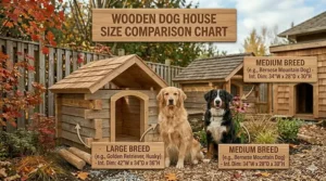 Size comparison chart showing a large wooden dog house suitable for breeds like Golden Retrievers or Huskies.