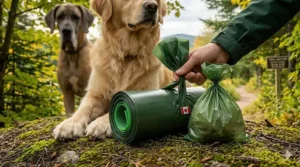 Illustration comparing standard bags to extra thick dog poop bags for large dogs like Great Danes or Huskies.
