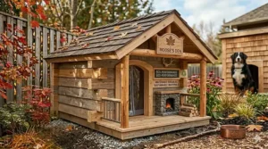 A modern, cabin-style wooden dog house design that complements a rustic Canadian cottage or backyard aesthetic.