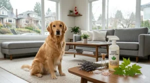 Eco-friendly enzyme cleaner for dog urine with a green maple leaf icon, signifying safe use for Canadian homes.