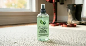 Eco-friendly carpet cleaner for pet accidents with bilingual English and French labeling for Canadian consumers.