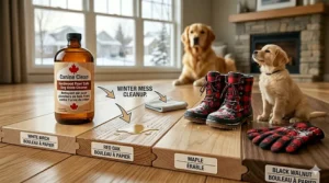 Illustration of common Canadian wood types like birch and oak being treated with a specialized floor cleaner.