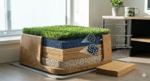 A detailed cross-section illustration showing the odor-neutralizing activated carbon filter layers of an indoor dog toilet for high-rise living.