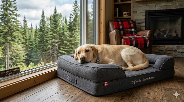 A large yellow Labrador Retriever resting comfortably on a grey orthopedic dog bed in a modern Canadian living room with a pine forest view.