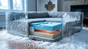 Close-up illustration of high-density memory foam in an affordable orthopedic dog bed providing warmth and joint support during cold Canadian winters.