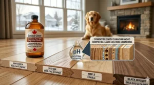 Diagram showing how a pH-neutral cleaner protects delicate wood grain from acidic dog urine stains.