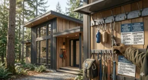 A stylish poop bag dispenser with a carabiner clip attached to a leash during a sunset walk on the Vancouver seawall.