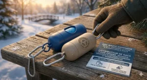 Close-up of a poop bag dispenser highlighting the heavy-duty carabiner clip for secure attachment to dog leashes.