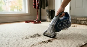 A compact, portable carpet cleaner for pet accidents being used to remove a fresh stain from a modern rug.