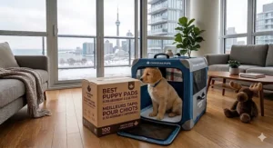 Illustration of a puppy pad placed inside a pet carrier for a road trip through the Canadian Rockies, showing portability.