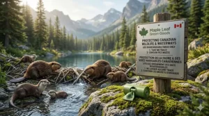 A Leave No Trace illustration showing how biodegradable dog poop bags help protect Canadian ecosystems and water sources.