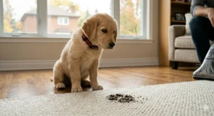 A cute puppy looking guilty next to a small rug stain, highlighting the utility of a carpet cleaner for pet accidents.