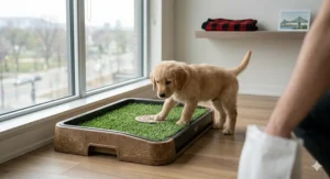 A Golden Retriever puppy learning to use an indoor dog toilet for condos in a bright Montreal loft with local landmarks visible in the background.
