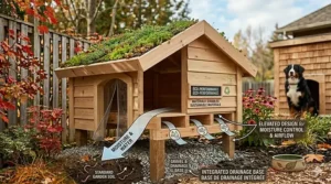 Illustration of a wooden dog house with an elevated floor to prevent moisture buildup and keep pets dry during spring melts.