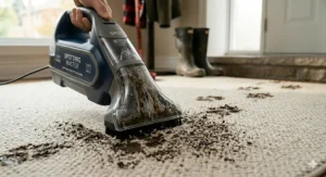 Illustration of a carpet cleaner for pet accidents also removing winter road salt and slush stains from an entryway mat.