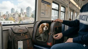 Illustration highlighting safety-locking zippers and internal leash tether on a high-quality airline-approved pet bag.