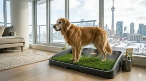 An older dog comfortably using a low-profile indoor dog potty with grass, ideal for Canadian pets with limited mobility.