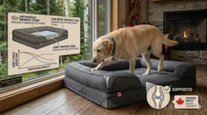 An illustration of a senior Labrador Retriever stepping easily onto a low-profile memory foam dog bed designed for joint relief.