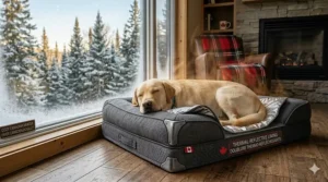 A cozy, thermal-insulated dog bed designed for a Labrador Retriever to stay warm during a cold Canadian winter.