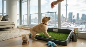 A puppy being encouraged to use an indoor dog potty with real-feel grass using positive reinforcement.