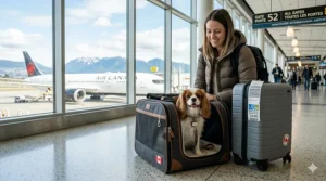 A diagram showing an airline-approved dog carrier fitting under a standard Canadian airline cabin seat.