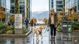 A dog walker in a Canadian urban center carrying a dispenser with earth-friendly biodegradable dog poop bags.