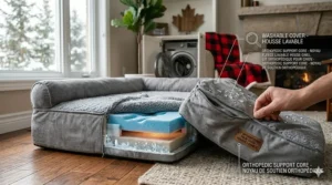Illustration showing a removable, machine-washable cover for an affordable orthopedic dog bed (lit orthopédique pour chien) with waterproof protection.