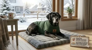 A gentle illustration of an aging Labrador sitting on a comfortable, large washable pad in a cozy living room.