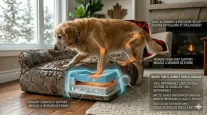 Diagram of a waterproof inner liner protecting an affordable orthopedic dog bed from wet paws and slush after a walk in the Canadian outdoors.