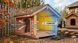 A cross-section diagram of a wooden dog house featuring floor insulation and wind-blocking door flaps for cold climates.