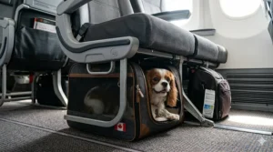 Illustration of a dog in a ventilated carrier at a snowy airport entrance in Toronto, emphasizing warmth and safety.