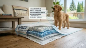 Cross-section illustration showing the 5-layer leak-proof technology and absorbent core of extra large puppy training pads. Technologie de protection à 5 couches.