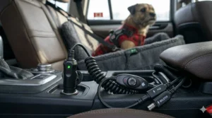 Illustration showing the 12V car adapter for a heated dog car seat for cold weather, highlighting ease of use in Canadian vehicle models.