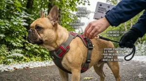 Close-up illustration of adjustable straps on a French Bulldog harness designed to improve ventilation and prevent overheating.