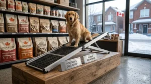 Adjustable portable dog ramp for trucks extending to reach a high-clearance 4x4 tailgate.